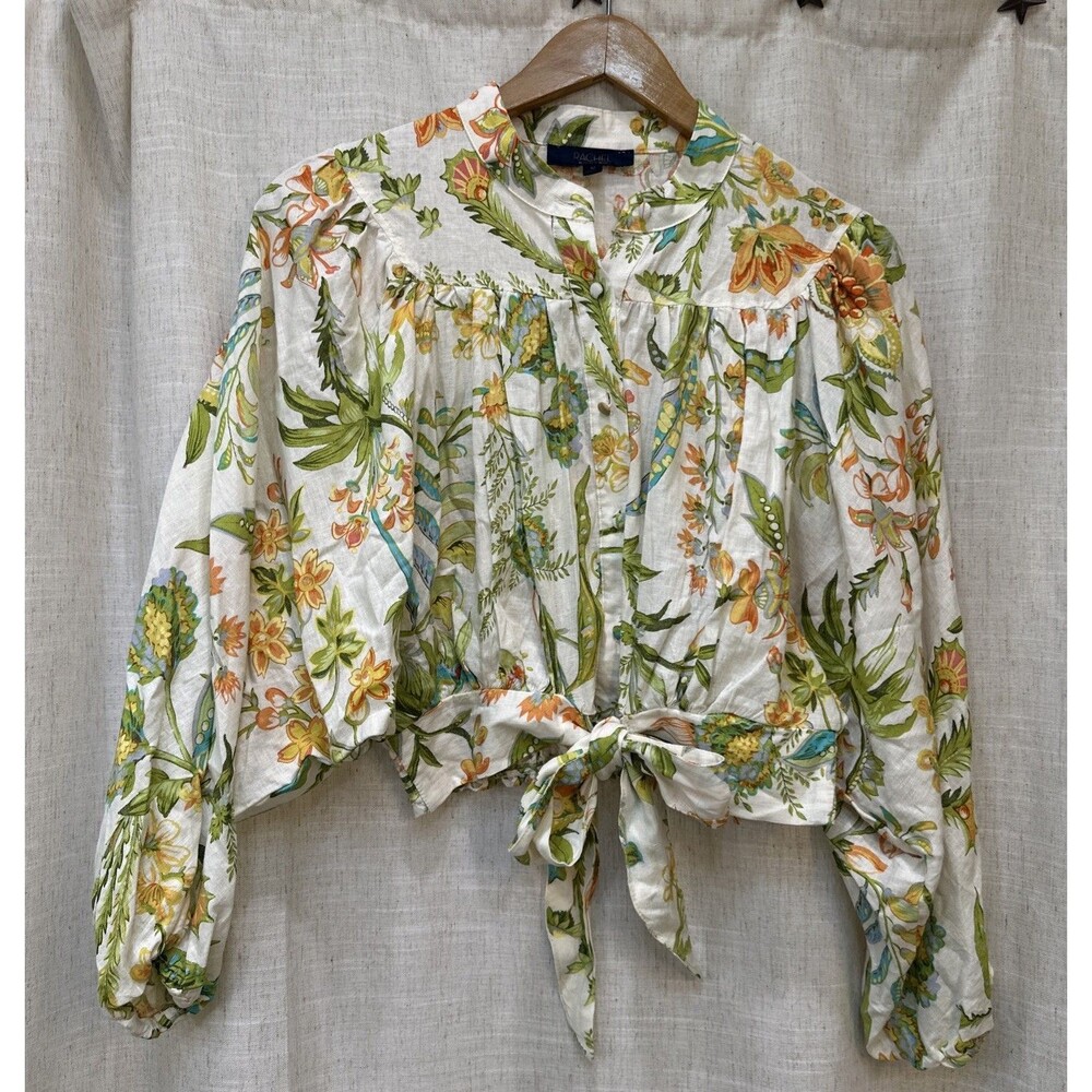 Rachel Roy Size M Yellow Floral Print Button/Tie Crop Top Boho Coastal Chic
